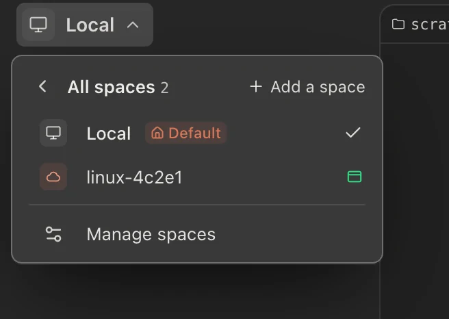 The space menu showing All spaces: this computer and a team space, with Add a space and Manage spaces.