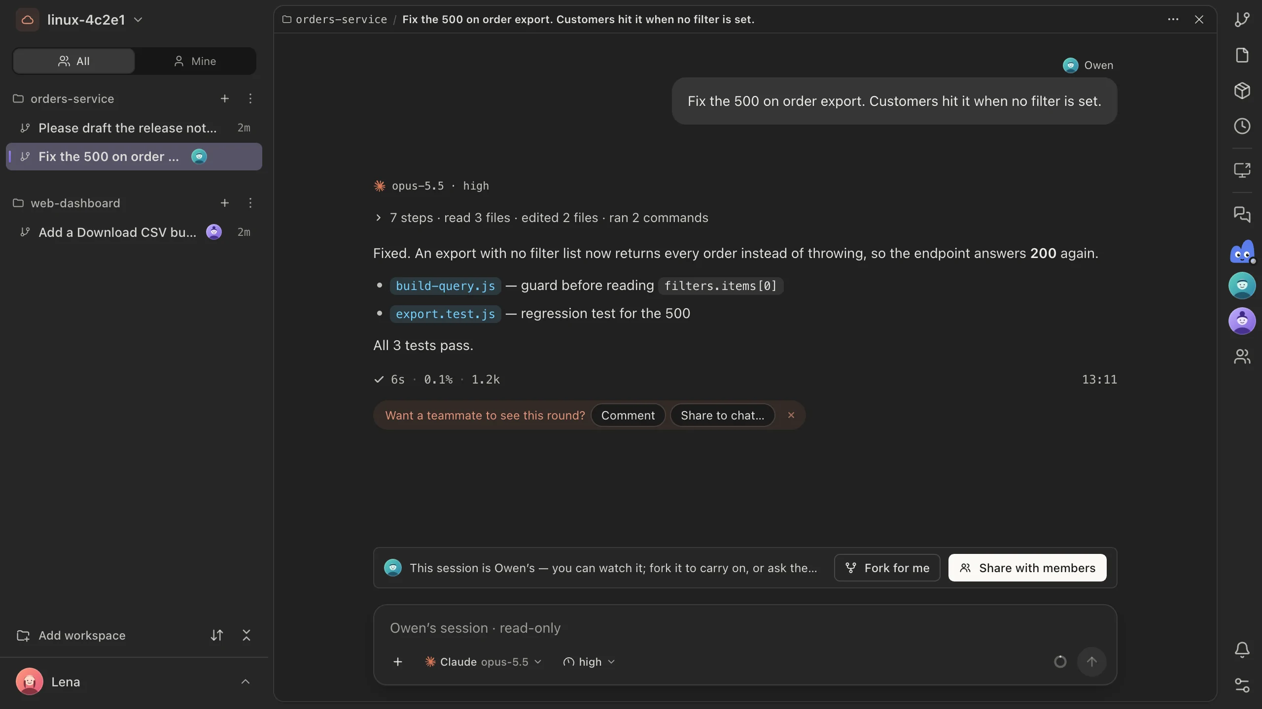 A team space window: sessions from three people in the sidebar, Owen's session open, the right toolbar beside it.